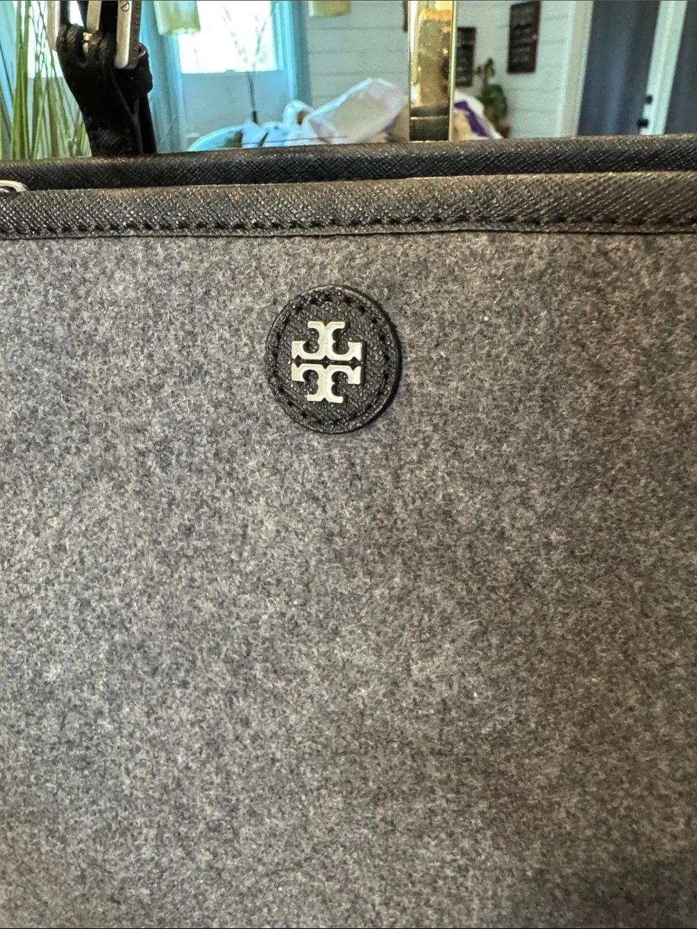 Tory Burch Gray Felt Tote with Black Trim
